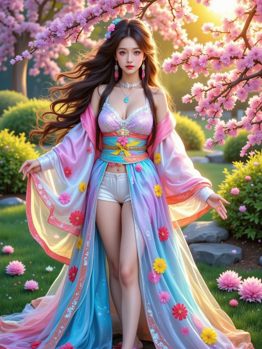 a beautiful asian girl with long silky hair, detailed facial features, big bright eyes, full lips, flowing hair cascading down, elegant pose, intricate kimono with cherry blossom patterns, serene outdoor garden setting, golden hour lighting, cinematic composition, highly detailed, vibrant colors, digital painting stylea, white sheerthat can see nipples and blue jean shot, perfect body, full body scene with front view, long leg stocking, standing, big breasts and thick thighs.