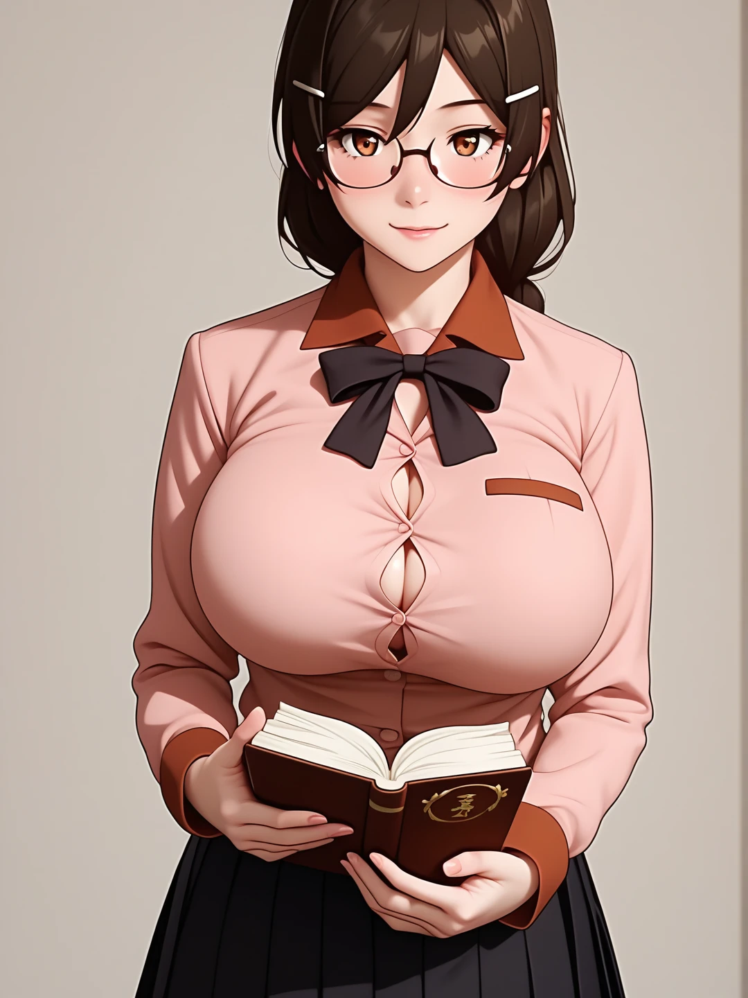  score_9,  score_8_up,  score_7_up,  score_6_up,   source_Anime, Anime_  stiletto style ,   rating _i doubt it, quality_  masterpiece  , Accurate_anatomy, Front Angle View ,  1 girl in uniform, Hanekawa, Big Breasts, ribbon, moreover _expensive_School_uniform, School uniform,   Long Sleeve  , puffy   Long Sleeve  ,   pink shirt ,   black skirt,   Juliet skirt holding a book on her chest,   pleated skirt , clavicle,  I have glasses ,  holding a book on her chest ,   standing with different breasts ,   cute pose  ,  plain background ,Busty, chewy boobs that are too big 