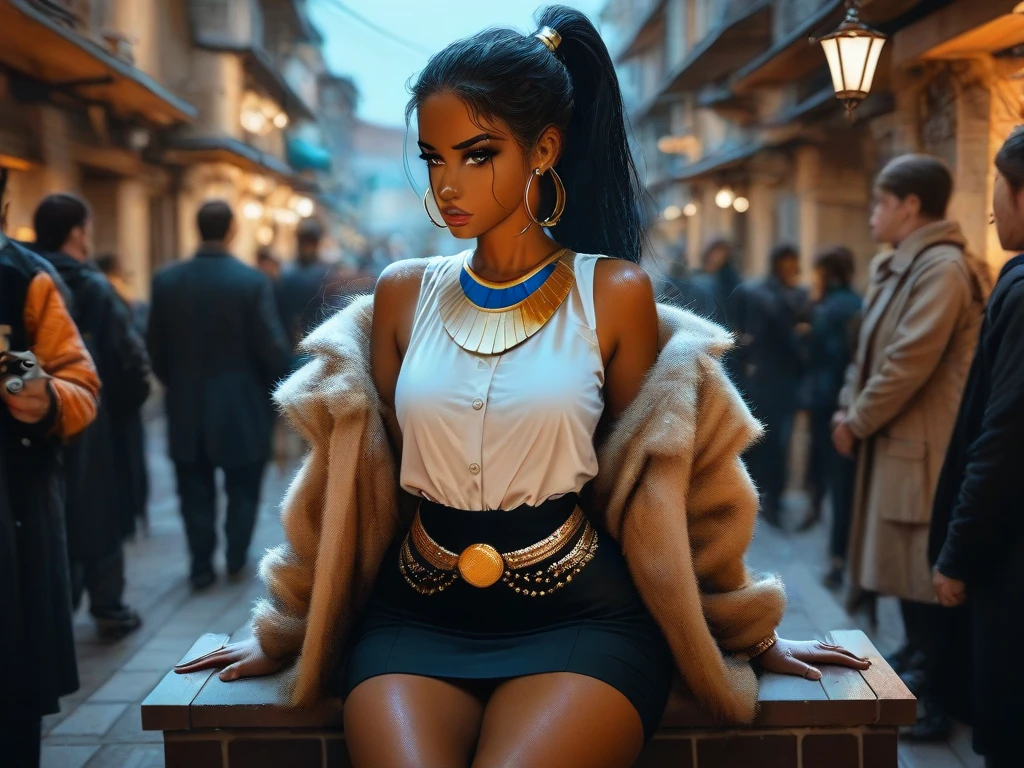 A fat, fifty-year-old Egyptian lady, with a lot of chest, with very wide hips , with black hair stretched out and tied in a ponytail,  sun-tanned , wearing a short brown fur coat ,  wearing a sleeveless blouse , with a miniskirt, with fine hoop earrings , On a dark night, with a serious gesture and staring intently at the camera,  sitting on the terrace of a bar in a street in an old Spanish town