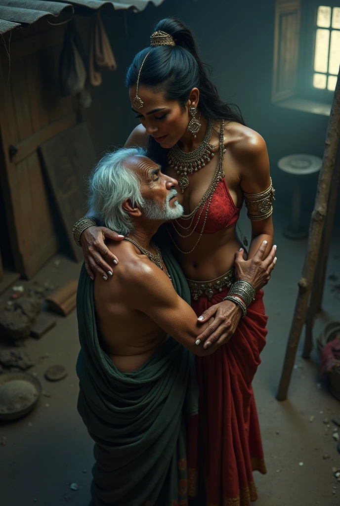 A beautiful hot indian girl, large breast, cleavage perfect body shape,wearing silver silky saree, red lipstick, sitting on knee, in front of 56-year old ugly man wear dhoti