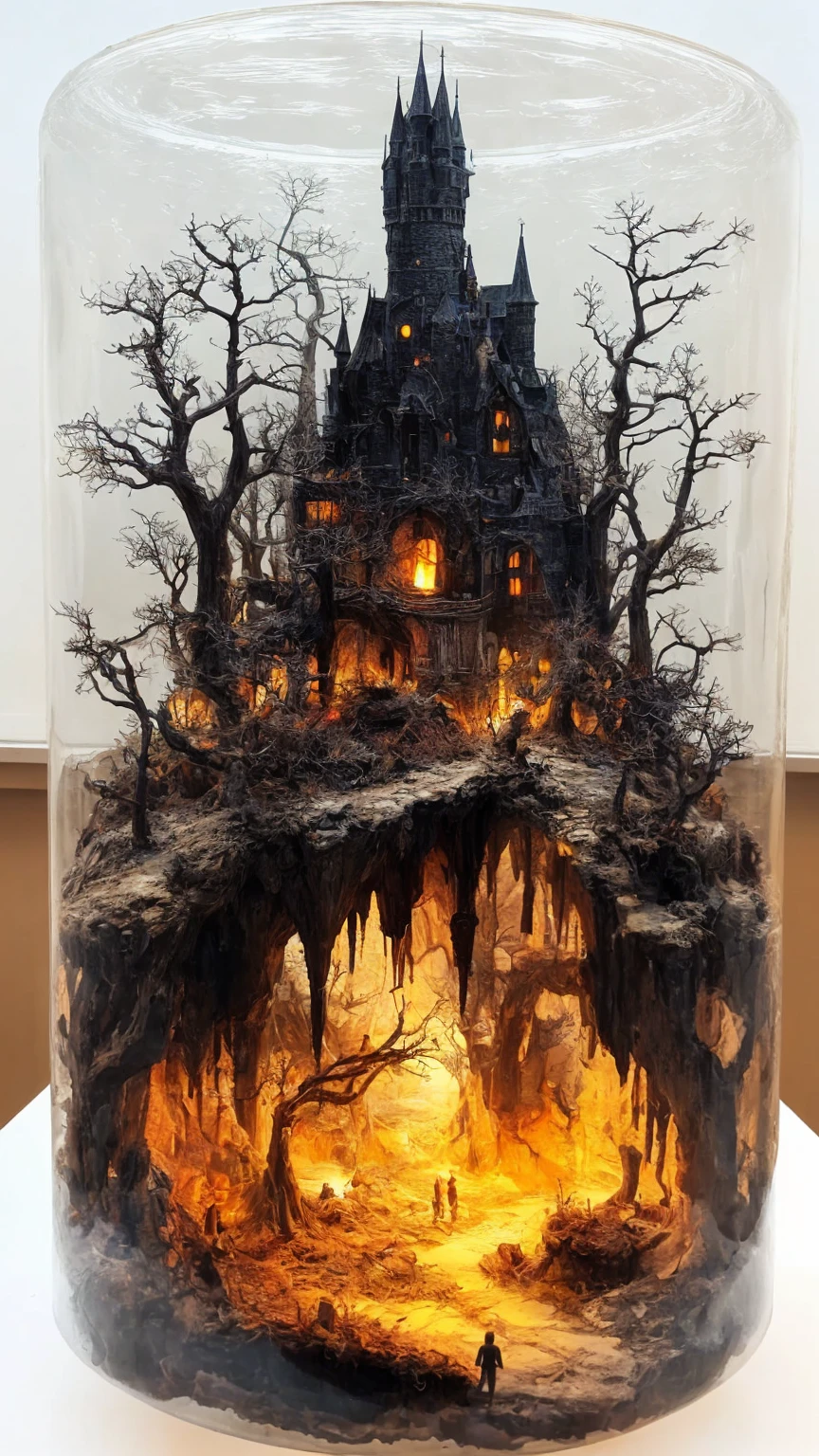 (best quality, masterpiece, photorealistic, elaborate details:1.2), diorama of a dark tower surrounded by dead forest and in a vertical glass bottle display