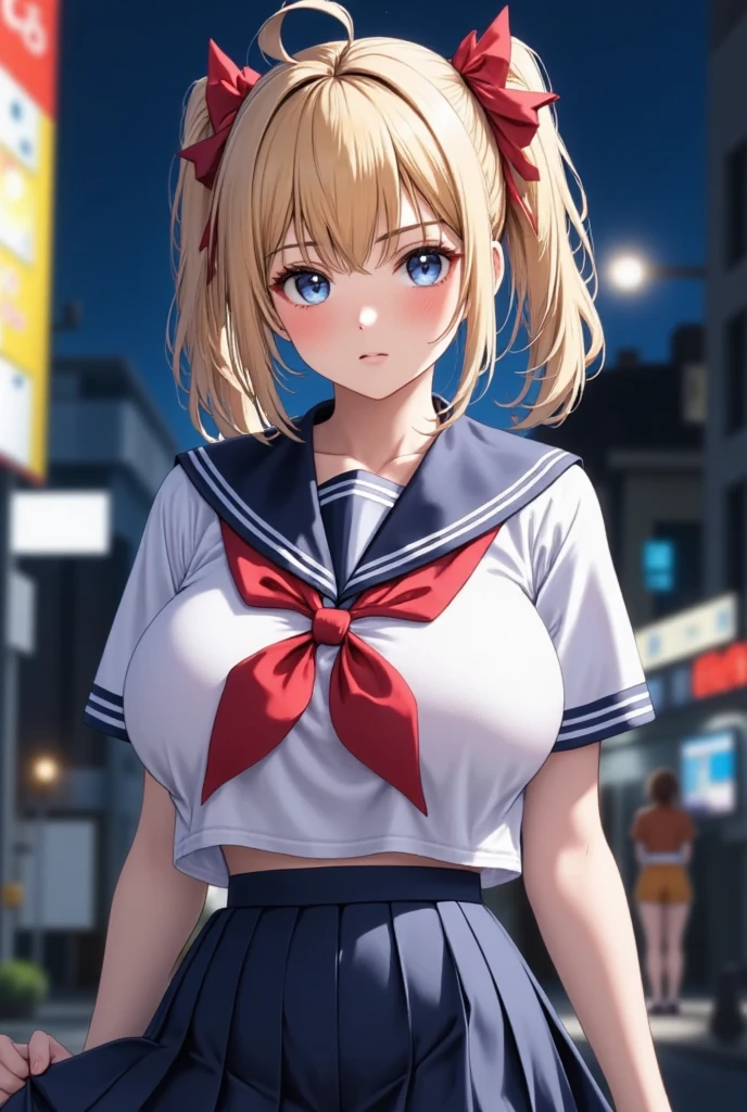 (masterpiece), best quality, expressive eyes, perfect face,girl, 1 girl, 18yo, Blonde, twintails, (((big titts))), dark blue eyes, (serious high school girl), school uniform,  sailor suit, middy uniform, (white shirt), red ribbon, (((((walking street))))), wet hair, standing, (brown school shoes), (full body), ((tsurime)), long shot, smile, ((( evening cityscape))), Vivid street lights and neon signs