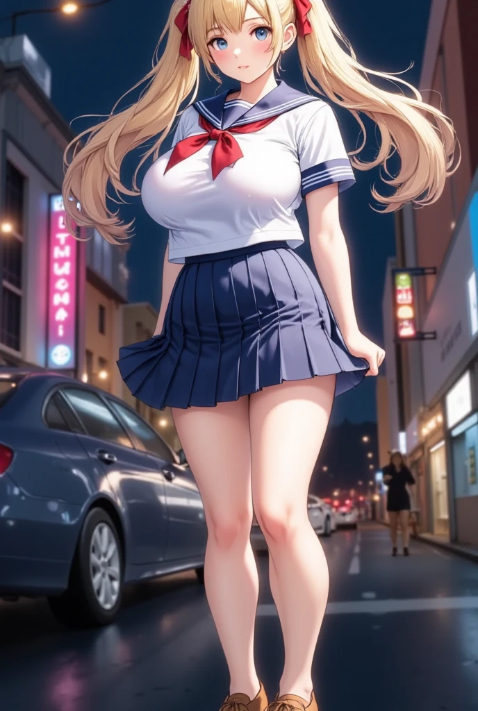 (masterpiece), best quality, expressive eyes, perfect face,girl, 1 girl, 18yo, Blonde, twintails, (((big titts))), dark blue eyes, (serious high school girl), school uniform,  sailor suit, middy uniform, (white shirt), red ribbon, (((((walking street))))), wet hair, standing, (brown school shoes), (full body), ((tsurime)), long shot, smile, ((( evening cityscape))), Vivid street lights and neon signs