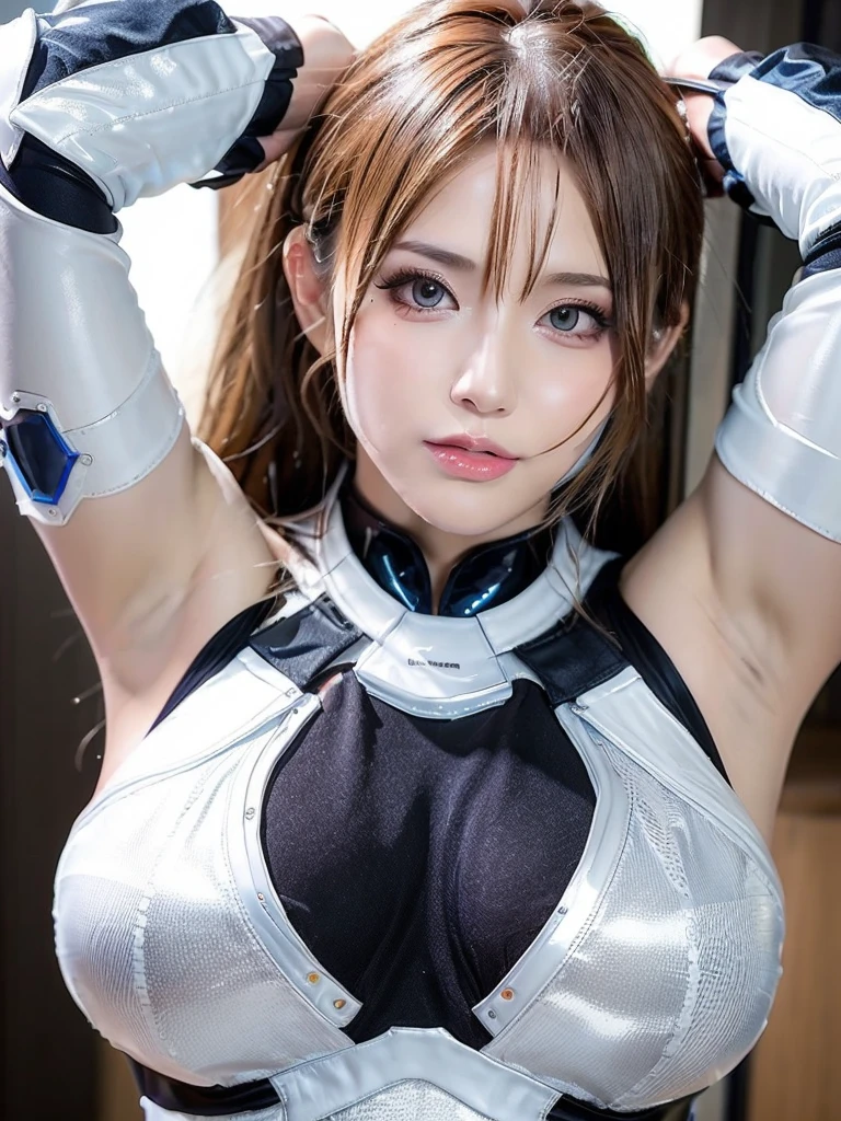  a close up of a woman in a white and gold costume, glossy white armor, beutiful white girl cyborg, intricate white and blue armor, porcelain cyborg armor, in white futuristic armor, heavy white and blue armor, gynoid cyborg body, sci - fi suit, cinematic goddess body shot, stunning armor, gold sci - fi armour, sci fi futuristic costume 真っ赤な口紅、 moonlight fantastic background、Brown eyes,Realistic｛ beautifulskin and realistic armpits｝{Sweaty body}、{Glossy with sweat々skin}short hair、Big Breasts、, Great style、younger sister、｛Wet body｝（（Sweaty body））。 Model-like beauty（（Upper body zoom））、beautiful, Big Breastsな垂れた胸, Trump in the cleavage, ,、（（Lift your arms and lick your armpits:1.3）、Heavy makeup、Long eyelashes、eyeliner、Model-like face、Brown long hair、Put your hands on your head、realistic texture skin、Plump figure、2、（（Sweaty:1.3））,、,Sexy Face、、Prostitute Super Real Capture, Very detailed, High resolution 16K human skin closeup. skin texture must be natural, So detailed you can even see pores. skin should look healthy, In a unified tone. Use natural lighting and colors、Extremely realistic sweat｛City of night｝｛Blue Makeup:1.5｝The neck gets sexy