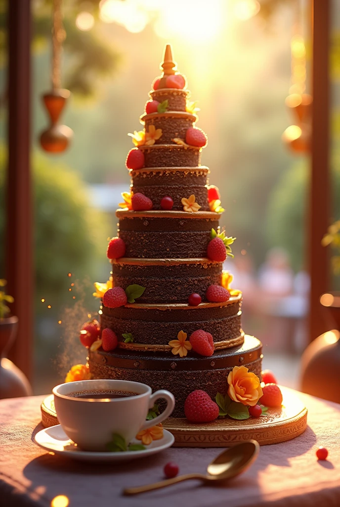 Dark Tower Cake Beautiful ,  is next to a warm-flavored cup of coffee on the table,  sunny day, bright colors,  better quality ,  complex ,  Maximum Details ,  masterpiece fails, 8 k, Shine, 