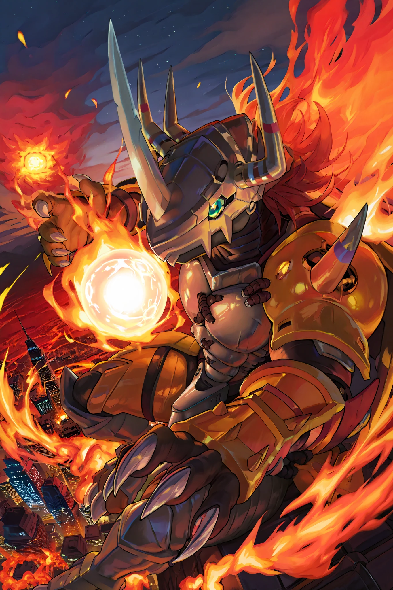 [char1="solo, male:1.3, anthro, wargreymon::1.5, tonic, slim, metallic hubs,claws, blade's claws, perfect wargreymon's armor,perfect wargreymon:1.4, digimon's style,sits, surroundof flames, flames, lift's highup a yellow sphere,/(sphere like sun, very big sphere,flaming, flaming sun, vivid, made of fire)/, five fingers,  wargreymon' vivid red hairs, "] char1 raises above the head the sun,midbody shot, dynamic, masterpiece, breathtaking, professionla illustration, realistic fire, sdxl, 4k, score 9, perfect prospective, drammatic pov, extreme angle, close-up sphere:1.3, deep of view, by pixelsketcher:0.2, skyscrapes background, char1's in the sky