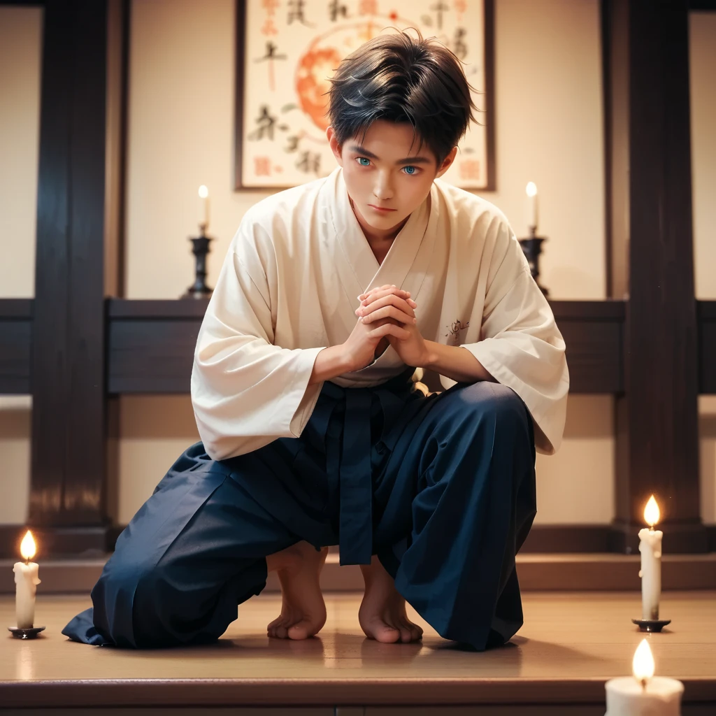 score_9, score_8_up, score_7_up,1 cute boy,Nagi-kun,dark blue eyes, Universal hakama,Hold hands and pray,Look down, gets down on one knee,ceremony,Candle,((Alone))