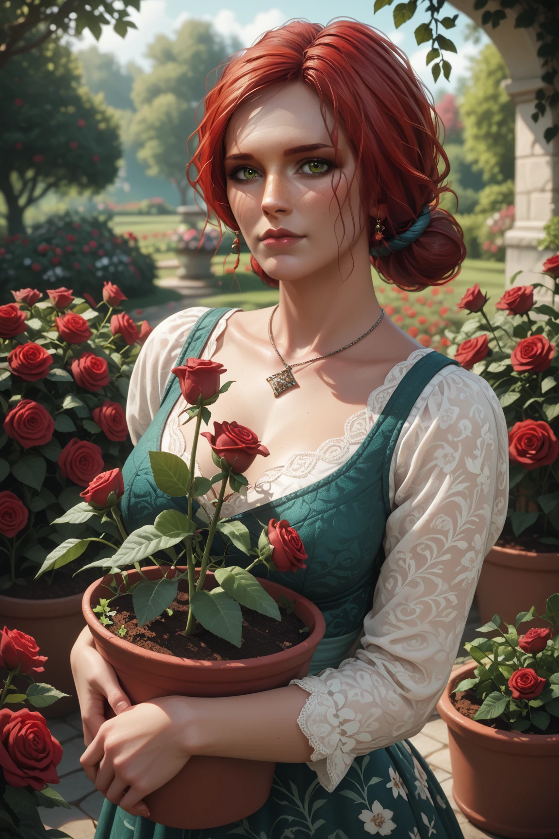 score_9, score_8_up, score_7_up,
TW3Triss, 1girl, red hair, green eyes, looking at viewer, rose garden, gardening, floral background