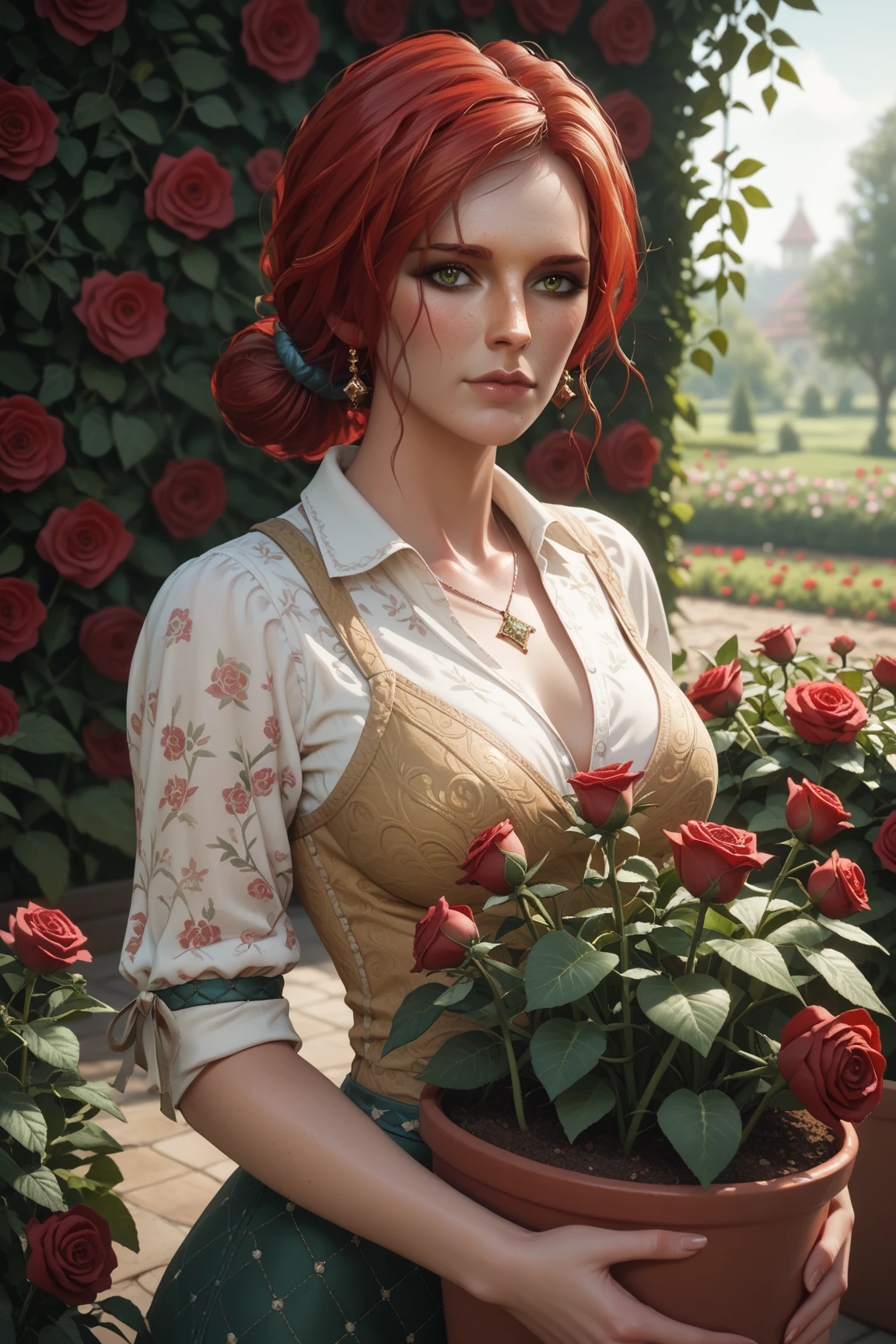 score_9, score_8_up, score_7_up,
TW3Triss, 1girl, red hair, green eyes, looking at viewer, rose garden, gardening, floral background