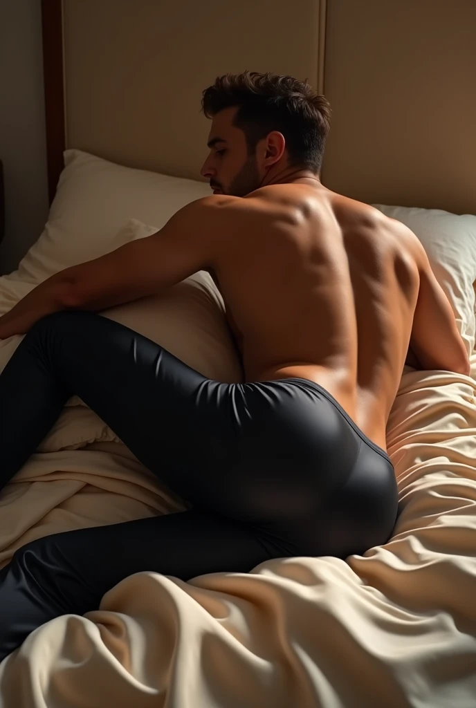 Handsome Hispanic boy, 20s, lying on bed with black sheet, pubic hair showing, transparent underwear, body sweaty, very sensual, photorealistic, tied up in bed, legs open --auto --s2