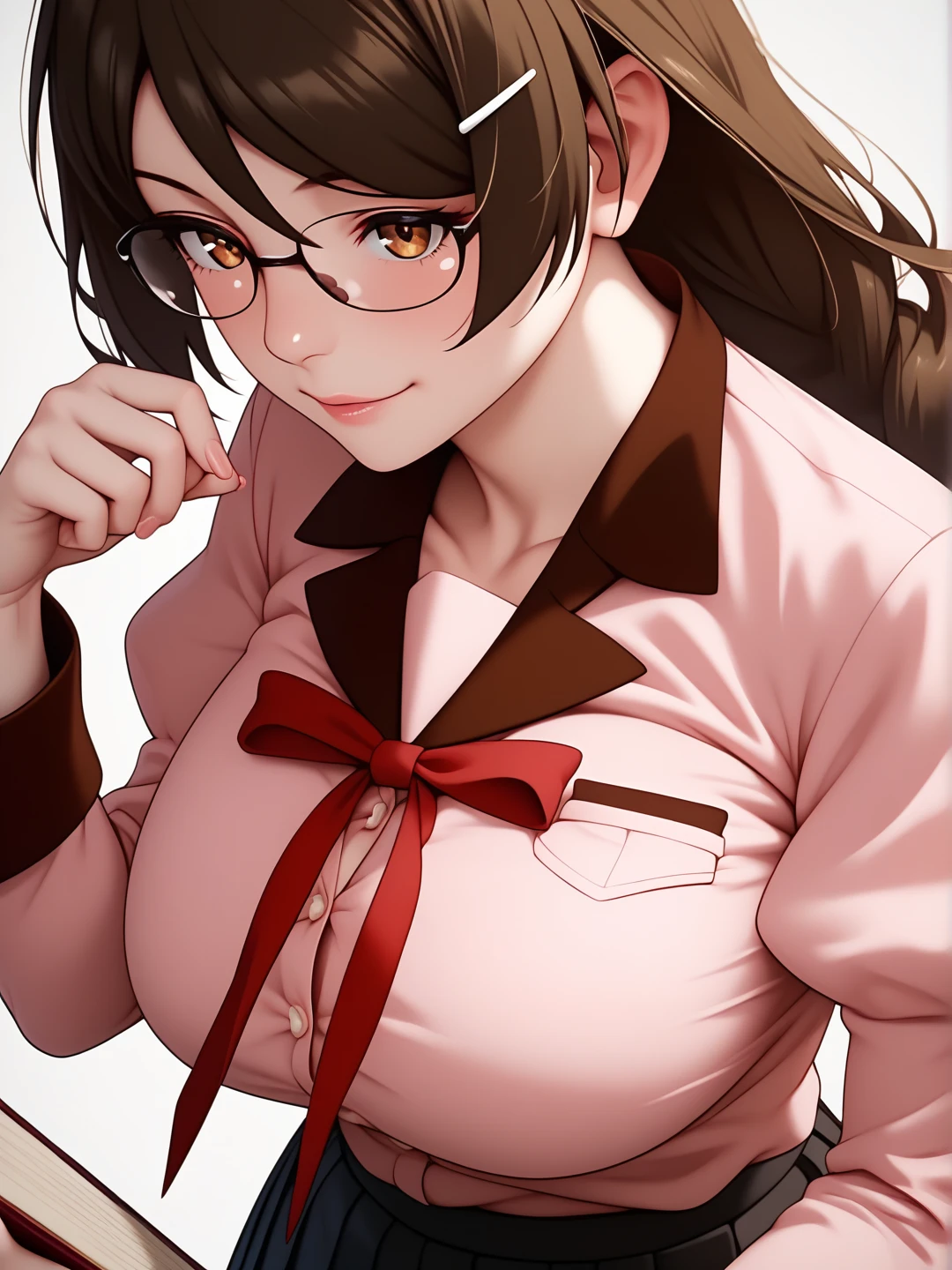  score_9,  score_8_up,  score_7_up,  score_6_up,   source_Anime, Anime_  stiletto style ,   rating _i doubt it, quality_  masterpiece  , Accurate_anatomy, Front Angle View ,  1 girl in uniform, Hanekawa, Big Breasts, ribbon, moreover _expensive_School_uniform, School uniform,   Long Sleeve  , puffy   Long Sleeve  ,   pink shirt ,   black skirt,   Juliet skirt holding a book on her chest,   pleated skirt , clavicle,  I have glasses ,  holding a book on her chest ,   standing with different breasts ,   cute pose  ,  plain background ,Busty, chewy boobs that are too big 