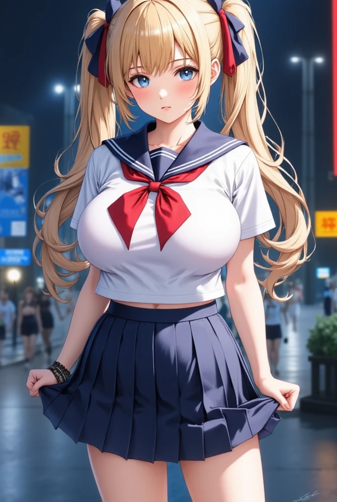 (masterpiece), best quality, expressive eyes, perfect face,girl, 1 girl, 18yo, Blonde, twintails, (((big titts))), dark blue eyes, (serious high school girl), school uniform,  sailor suit, middy uniform, (white shirt), red ribbon, (((((walking street))))), wet hair, standing, (brown school shoes), (full body), ((tsurime)), long shot, smile, ((( evening cityscape))), Vivid street lights and neon signs