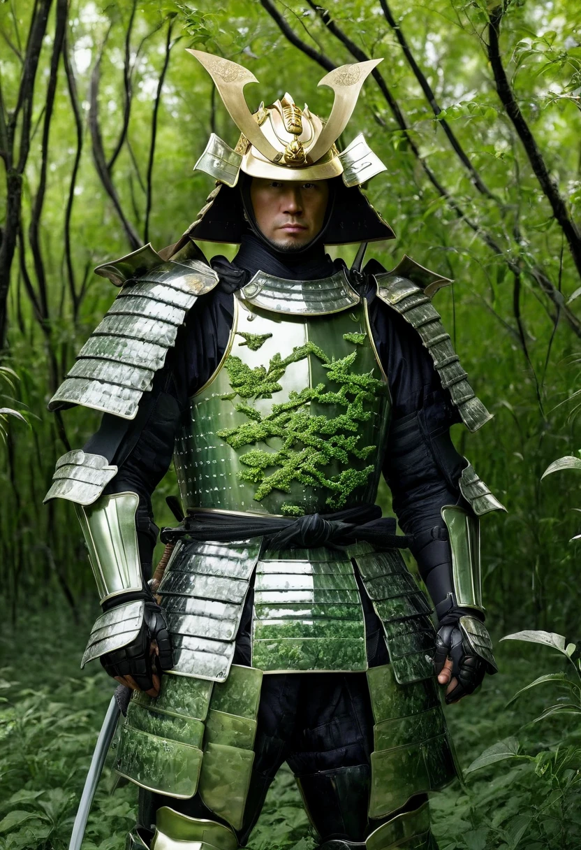 one white man, blonde hair, whole body head to feet, looking at viewer, stands upright, hands down, wearing Samurai Armor and helmet,Armor and helmet are made of green moth and trees,Armor color all green with made of green trees,no metal,shiny armor, forest background,8K, realism