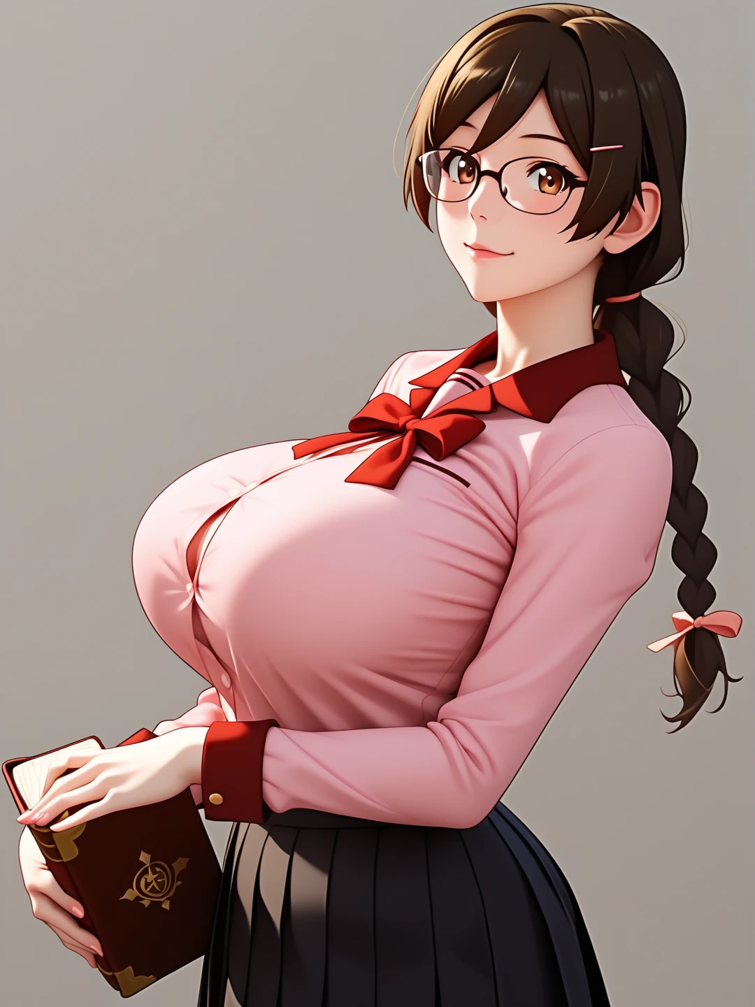  score_9,  score_8_up,  score_7_up,  score_6_up,   source_Anime, Anime_  stiletto style ,   rating _i doubt it, quality_  masterpiece  , Accurate_anatomy,frontアングルビュー,  1 girl in uniform, Hanekawa, Big Breasts, ribbon, moreover _expensive_School_uniform, School uniform,   Long Sleeve  , puffy   Long Sleeve  ,   pink shirt ,   black skirt,   Juliet skirt holding a book on her chest,   pleated skirt , clavicle,  I have glasses ,  holding a book on her chest ,   standing with different breasts ,   cute pose  ,  plain background ,Busty, chewy boobs that are too big ,front