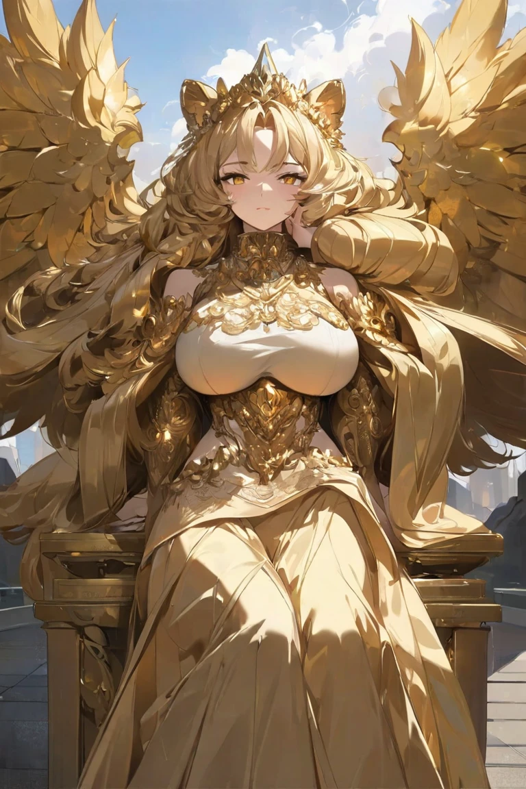 (masterpiece, best quality:1.2), highest quality, highest resolution, 4k art, 1 girl, solo, sitting on big gray stone throne, voluminous lion's mane, lion ears, glistening golden feathered wings, hand on face, detailed beautiful eyes, detailed beautiful face, glistening golden eyes, wide arrogant smile, egotistical, unique pose, long sleeve turtleneck crop-top, long baggy rapper trousers, sunglasses, zoomed out, perfect anatomy, big breasts, Underboob, sunset shadow casting over