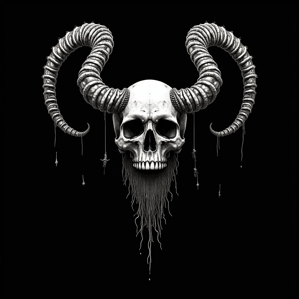 death metal album cover by Dan Seagrave, skull with long horns and dark elements, very defined, horrorcore, obscure art, black background, intricate details