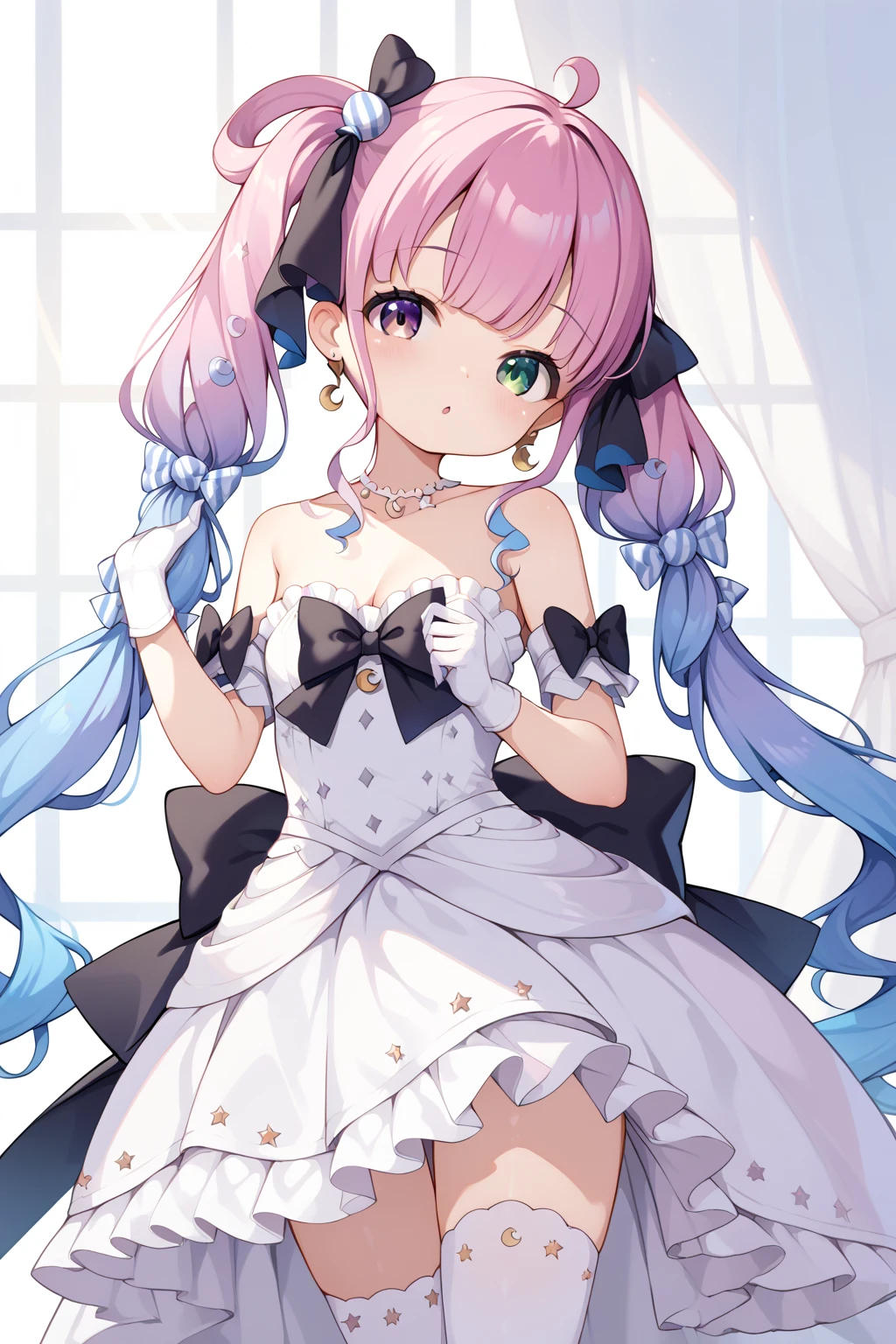 HimemoriLuna,  heterochromia, long hair, single hair ring, candy hair ornament,
LunaFormal,  heterochromia, very long hair, twintails, hair ribbon, earrings, nipple slip from off shoulder white dress, strapless dress, bare shoulders, cleavage, bow, white gloves, white thighhighs,
1girl,Alone,((loli))、Nipples、flat chest,