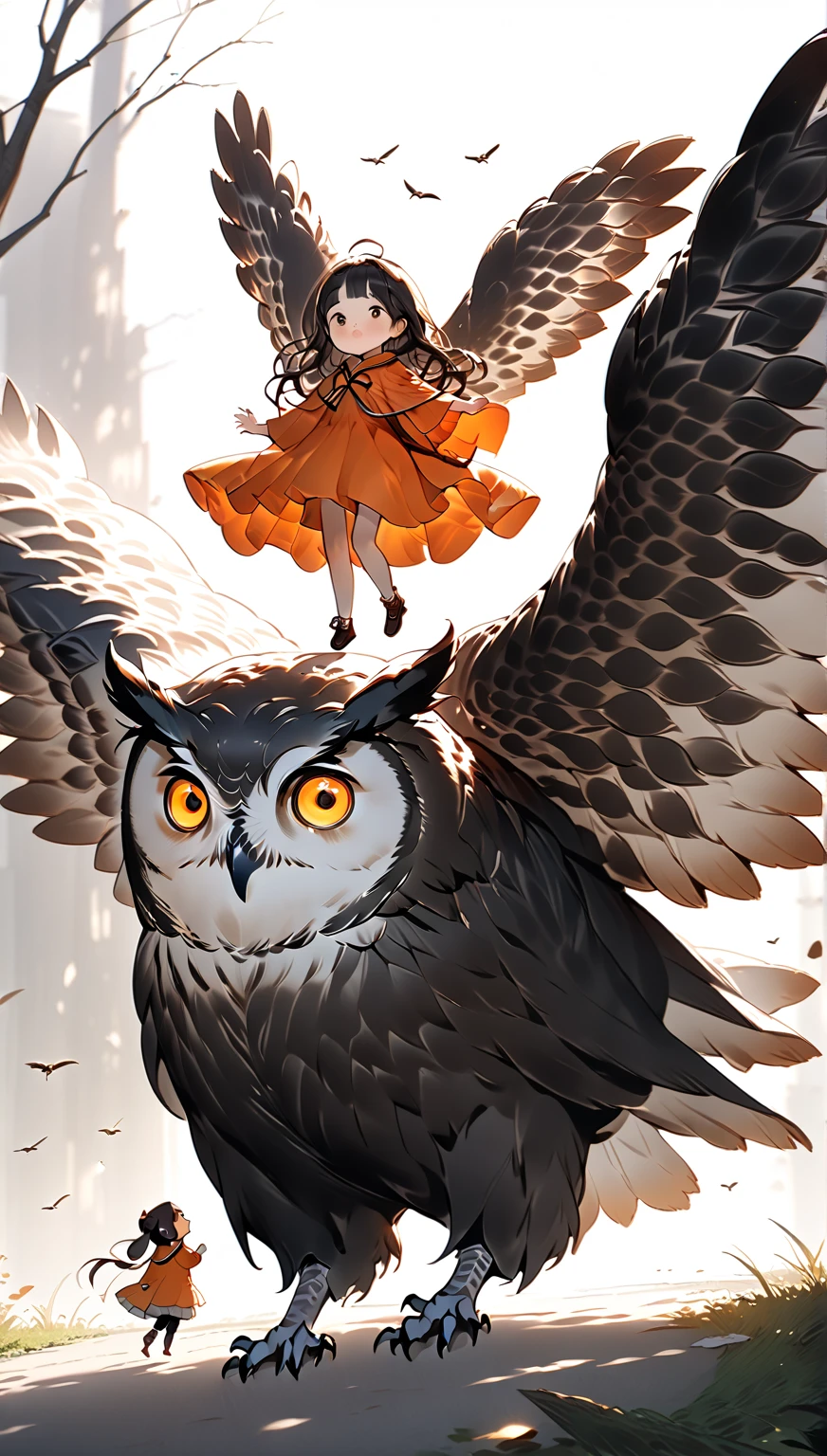 masterpiece，（Shadow of a Flying Owl :Shadow of an owl on the ground ）， girl riding a giant flying owl , Hzk,   Ultra Miniature Girl  , 