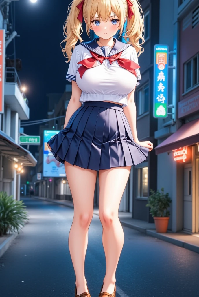 (masterpiece), best quality, expressive eyes, perfect face,girl, 1 girl, 18yo, Blonde, twintails, (((big titts))), dark blue eyes, (serious high school girl), school uniform,  sailor suit, middy uniform, (white shirt), red ribbon, (((((walking street))))), wet hair, standing, (brown school shoes), (full body), ((tsurime)), long shot, smile, ((( evening cityscape))), Vivid street lights and neon signs, from beside