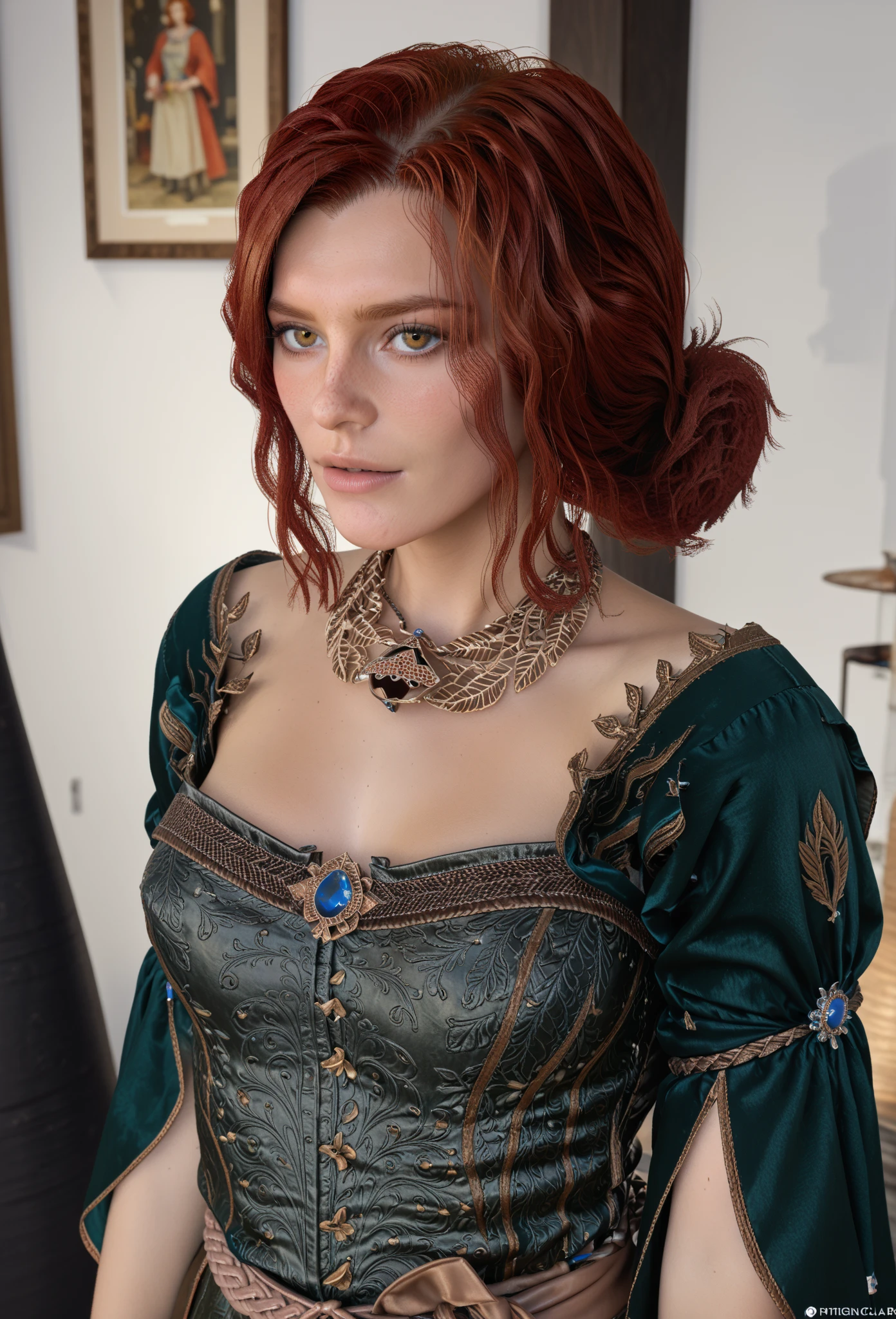 score_9, score_8_up, score_7_up Triss Merigold brewing a powerful elixir in a hidden Novigrad cellar, magical runes glowing softly around her.