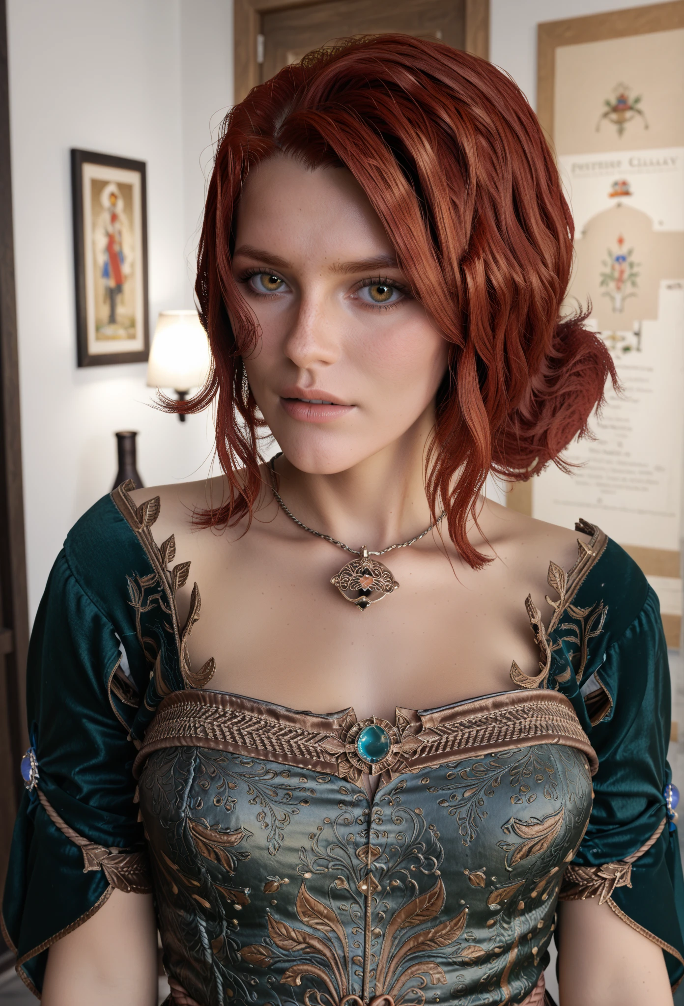 score_9, score_8_up, score_7_up Triss Merigold brewing a powerful elixir in a hidden Novigrad cellar, magical runes glowing softly around her.