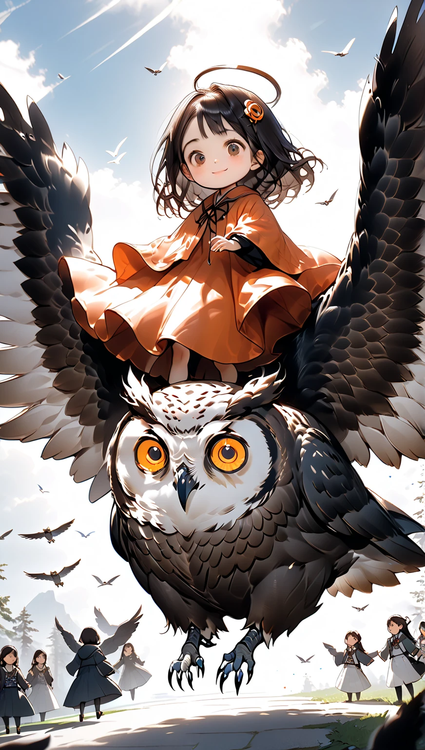 masterpiece， girl riding a giant flying owl , Hzk,   Ultra Miniature Girl  , 