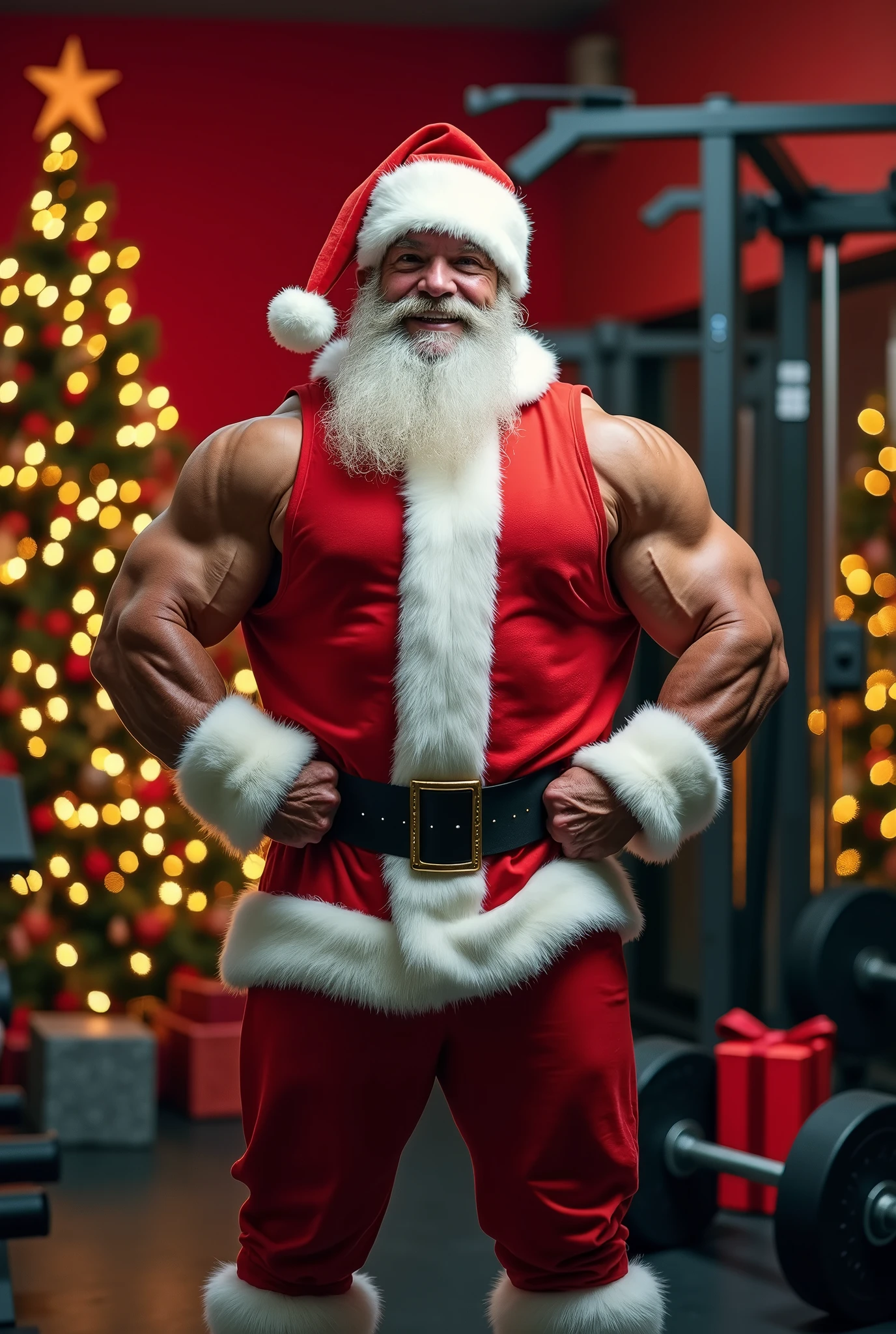 a muscular man 🎅 Upper body naked santa pants