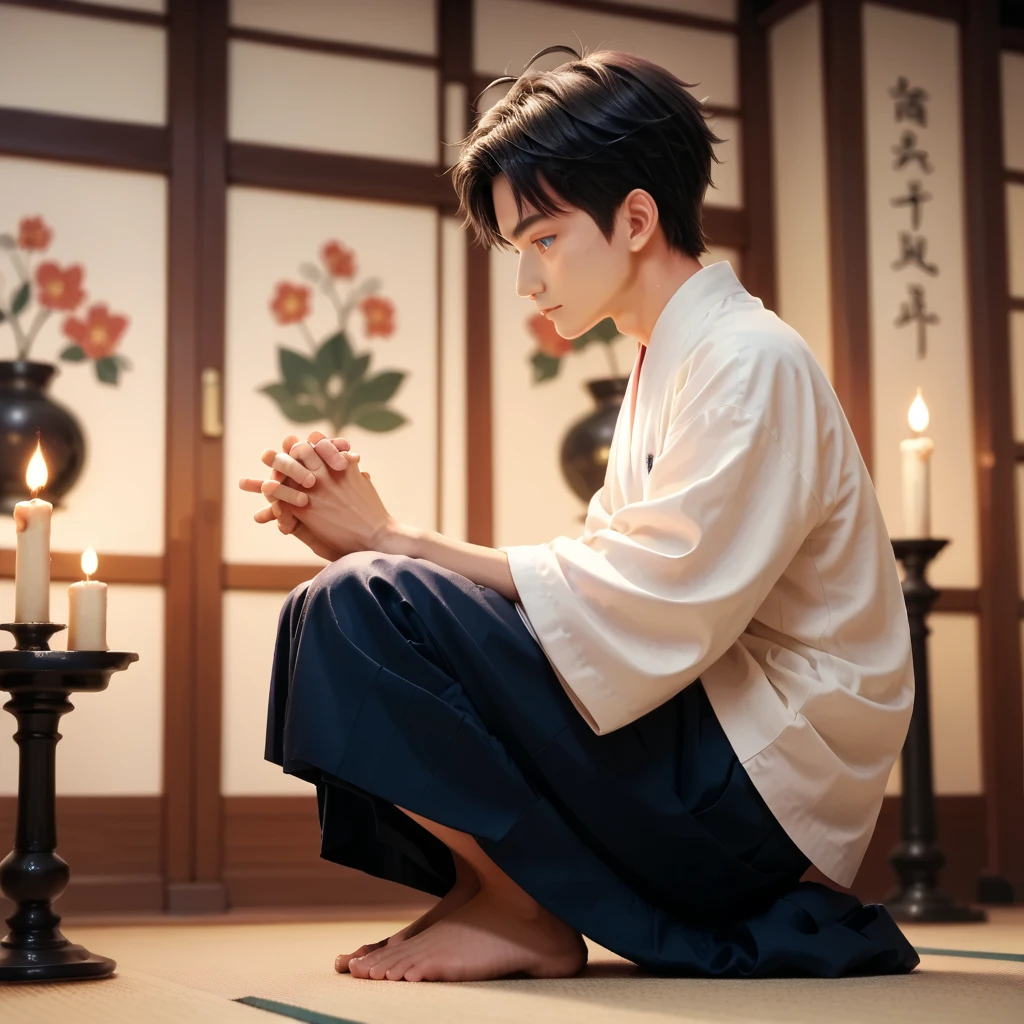 score_9, score_8_up, score_7_up,1 cute boy,japanese,Nagi-kun,dark blue eyes, Universal hakama,Hold hands and pray,Look down, gets down on one knee,ceremony,Candle,((Alone))