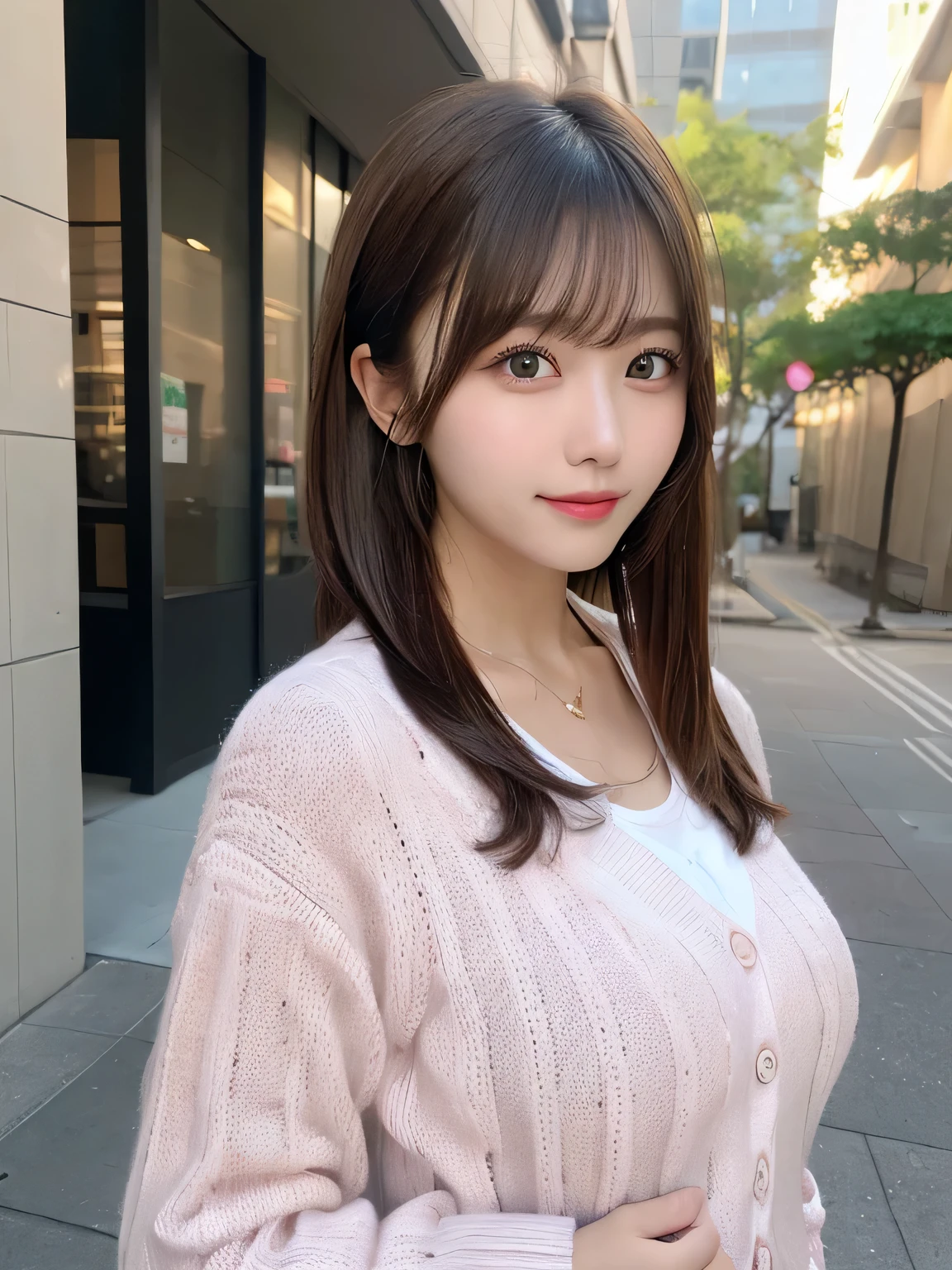 1girl, etv1,best quality,HDR,UHD,8K,realistic,upper body,facing_viewer,Middle Breasts, Slim Body,(pink knit sweater:1.2),park