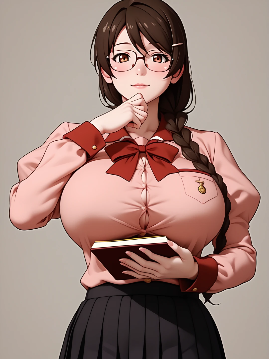  score_9,  score_8_up,  score_7_up,  score_6_up,   source_Anime, Anime_  stiletto style ,   rating _i doubt it, quality_  masterpiece  , Accurate_anatomy, Front Angle View ,  1 girl in uniform, Hanekawa, Big Breasts, ribbon, moreover _expensive_School_uniform, School uniform,   Long Sleeve  , puffy   Long Sleeve  ,   pink shirt ,   black skirt,   Juliet skirt holding a book on her chest,   pleated skirt , clavicle,  I have glasses ,  holding a book on her chest ,   standing with different breasts ,   cute pose  ,  plain background ,Busty, chewy boobs that are too big 