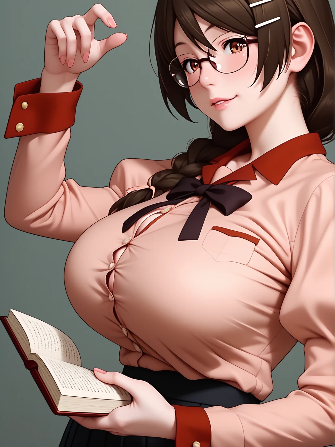  score_9,  score_8_up,  score_7_up,  score_6_up,   source_Anime, Anime_  stiletto style ,   rating _i doubt it, quality_  masterpiece  , Accurate_anatomy, Front Angle View ,  1 girl in uniform, Hanekawa, Big Breasts, ribbon, moreover _expensive_School_uniform, School uniform,   Long Sleeve  , puffy   Long Sleeve  ,   pink shirt ,   black skirt,   Juliet skirt holding a book on her chest,   pleated skirt , clavicle,  I have glasses ,  holding a book on her chest ,   standing with different breasts ,   cute pose  ,  plain background ,Busty, chewy boobs that are too big 