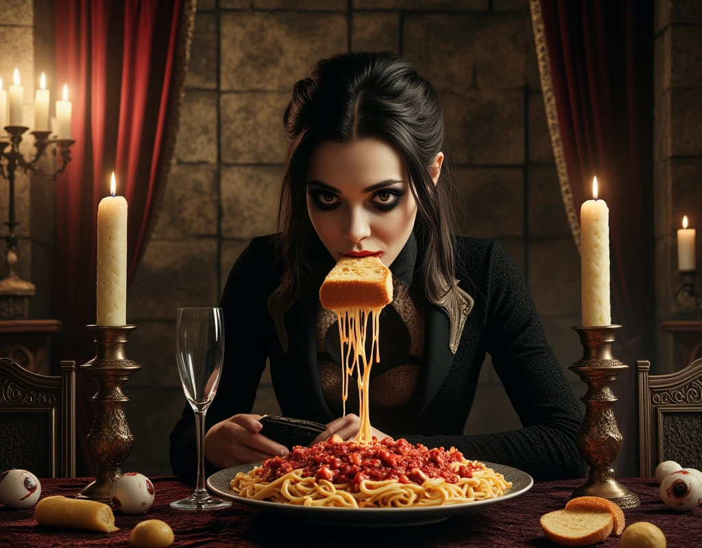 Gothic vampire girl licking melted butter off a slice of french bread, looking at viewer, iat the table in a black velvet linen, stone floors, tapestries, candles, intricate, European horror movie aesthetic, fumetto style, HD, 8x, lurid vivid colors, dark tones, juice flowing over her fingers, down her chin, very pale white skin, dark eyes, mascara, human eye balls and fingers in the pasta, pasta sauce is blood red, table is littered with human body parts, tongues, ears, organs