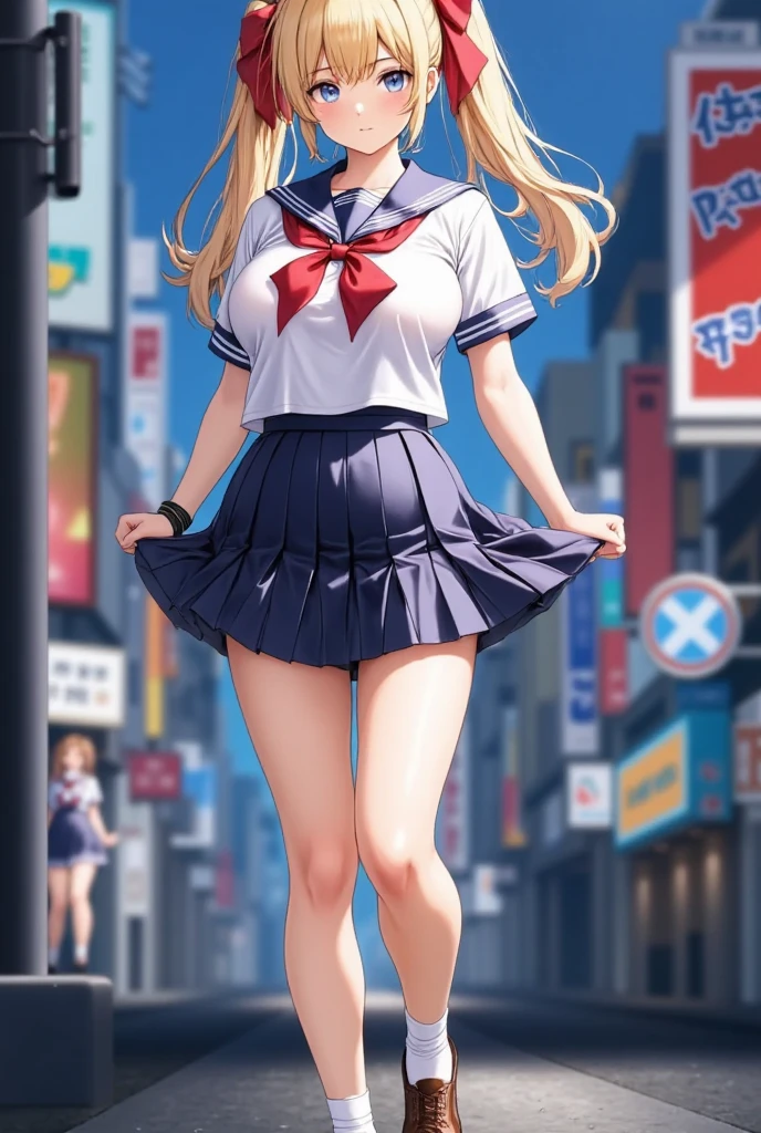 (masterpiece), best quality, expressive eyes, perfect face,girl, 1 girl, 18yo, Blonde, twintails, (((big titts))), dark blue eyes, (serious high school girl), school uniform,  sailor suit, middy uniform, (white shirt), red ribbon, (((((walking street))))), wet hair, standing, (brown school shoes), (full body), ((tsurime)), long shot, smile, ((( evening cityscape))), Vivid street lights and neon signs, (((from beside)))