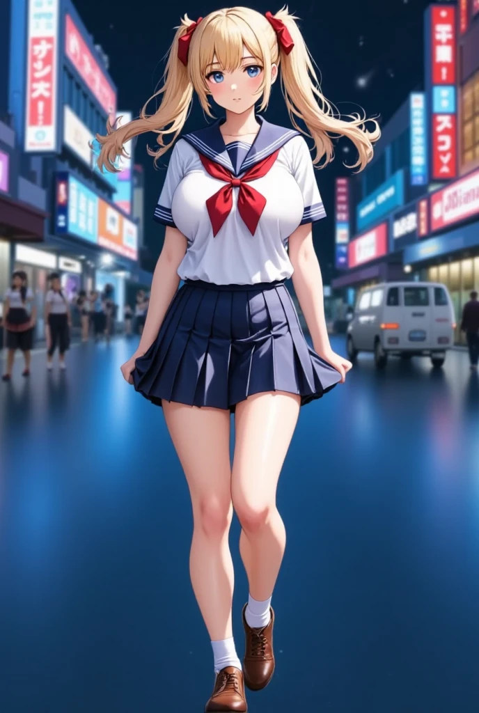 (masterpiece), best quality, expressive eyes, perfect face,girl, 1 girl, 18yo, Blonde, twintails, (((big titts))), dark blue eyes, (serious high school girl), school uniform,  sailor suit, middy uniform, (white shirt), red ribbon, (((((walking street))))), wet hair, standing, (brown school shoes), (full body), ((tsurime)), long shot, smile, ((( evening cityscape))), Vivid street lights and neon signs, (((from beside)))