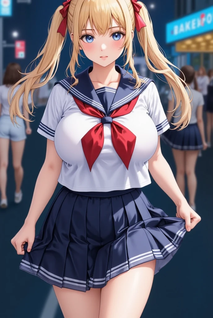 (masterpiece), best quality, expressive eyes, perfect face,girl, 1 girl, 18yo, Blonde, twintails, (((big titts))), dark blue eyes, (serious high school girl), school uniform,  sailor suit, middy uniform, (white shirt), red ribbon, (((((walking street))))), wet hair, standing, (brown school shoes), (full body), ((tsurime)), long shot, smile, ((( evening cityscape))), Vivid street lights and neon signs, (((from beside)))