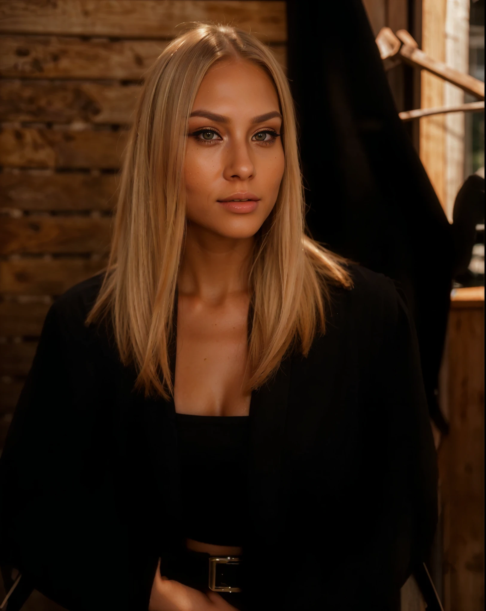 Hyper realistic and detailed full body photo of one tanned fit blonde hair girl,perfect eyes, (Eye makeup:1.1), (highly detailed skin:1.1), RAW, analog style, sharp focus, 8k UHD, DSLR, high quality, Fujifilm XT3, grain, award winning, masterpiece. Brown eyes