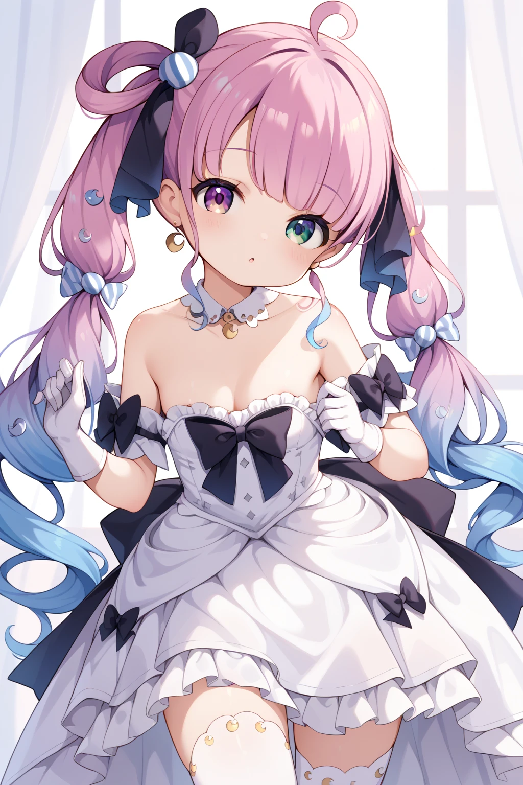 HimemoriLuna,  heterochromia, long hair, single hair ring, candy hair ornament,
LunaFormal,  heterochromia, very long hair, twintails, hair ribbon, earrings, nipple slip from off shoulder white dress, nipple slip from off shoulder strapless dress, bare shoulders, cleavage, bow, white gloves, white thighhighs,
1girl,Alone,((loli))、Nipples、flat chest,