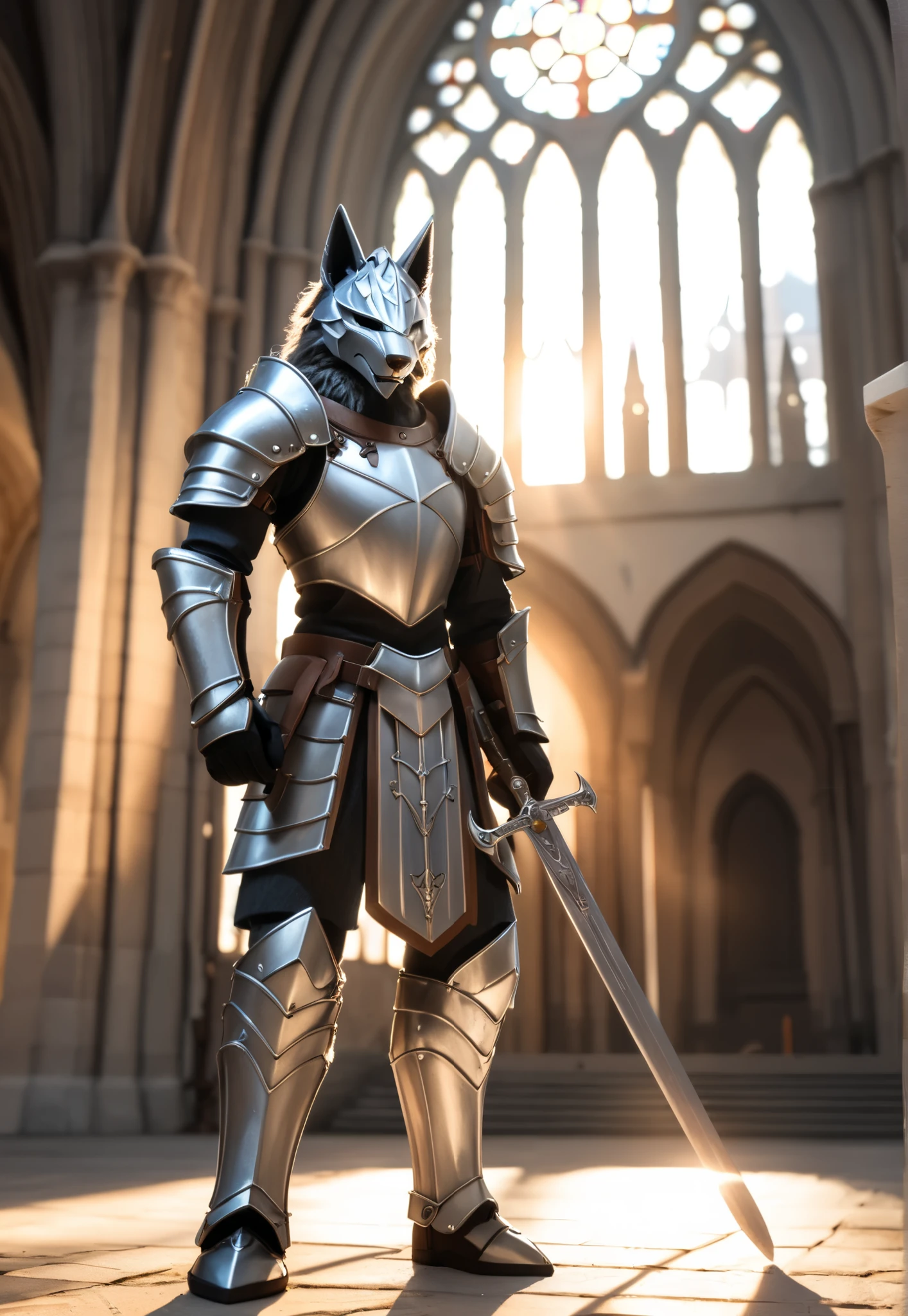 anthro wolf knight in iron armor, holding up sword, claymore, zweihander, inside cathedral, crepuscular rays, depth of field,