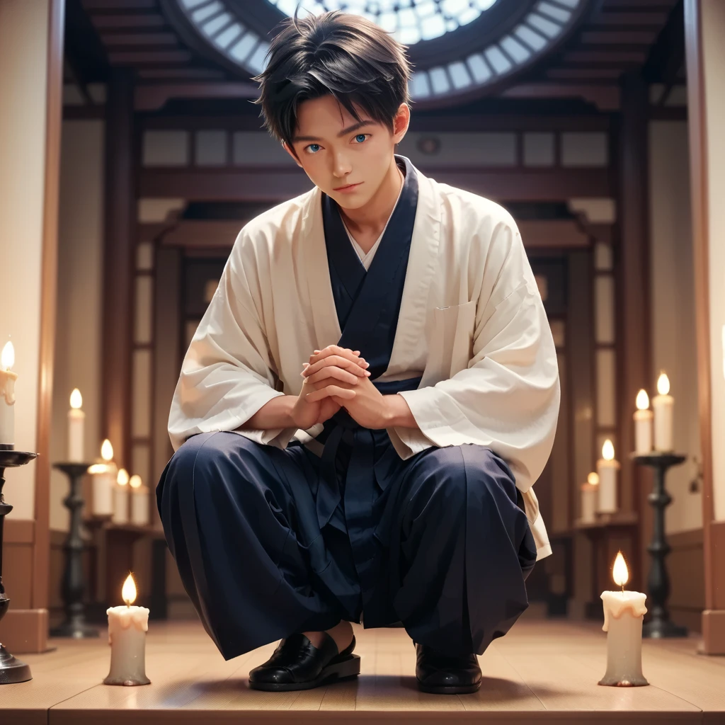 score_9, score_8_up, score_7_up,1 cute boy,japanese,Nagi-kun,dark blue eyes, Universal hakama,Hold hands and pray,Look down, gets down on one knee,ceremony,Candle,((Alone))