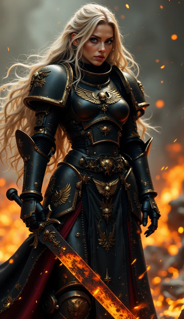 Realistic women with black scary armor, Holding fire Sword,human face,long hair, perfectly detailed on dragon armors,Super detail face,high details on face,realistic face, character highly detailed, character sheets, Detailed, sharp focus, Super detailed full body, 32k resolution, Only a reality graphic,epic background,epic pose,horror,high resolution,Resonance,fire and ash background