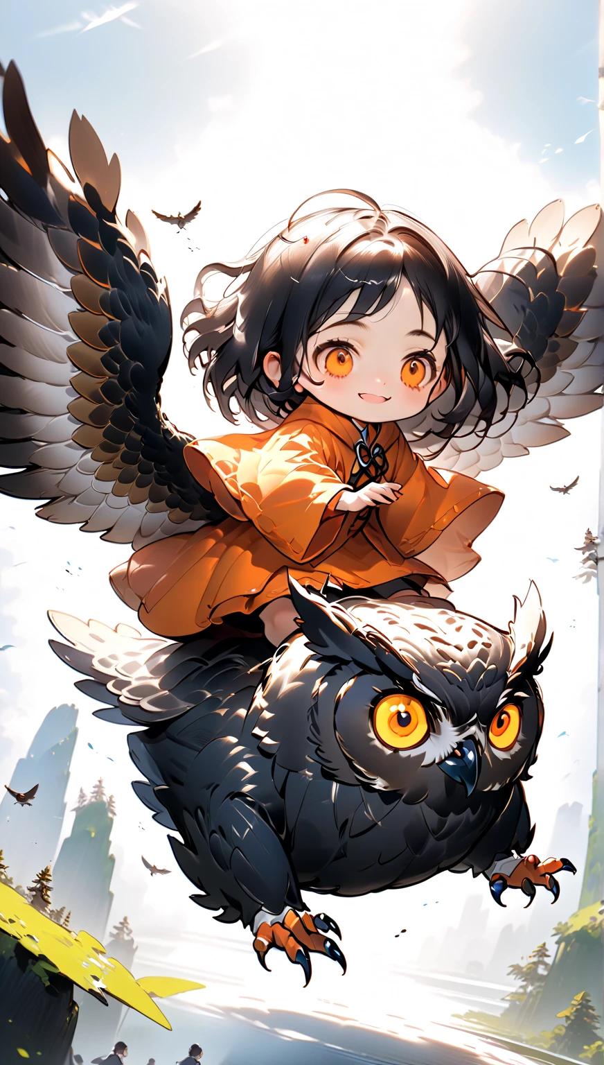 masterpiece， girl riding a giant flying owl , Hzk,   Ultra Miniature Girl  , 