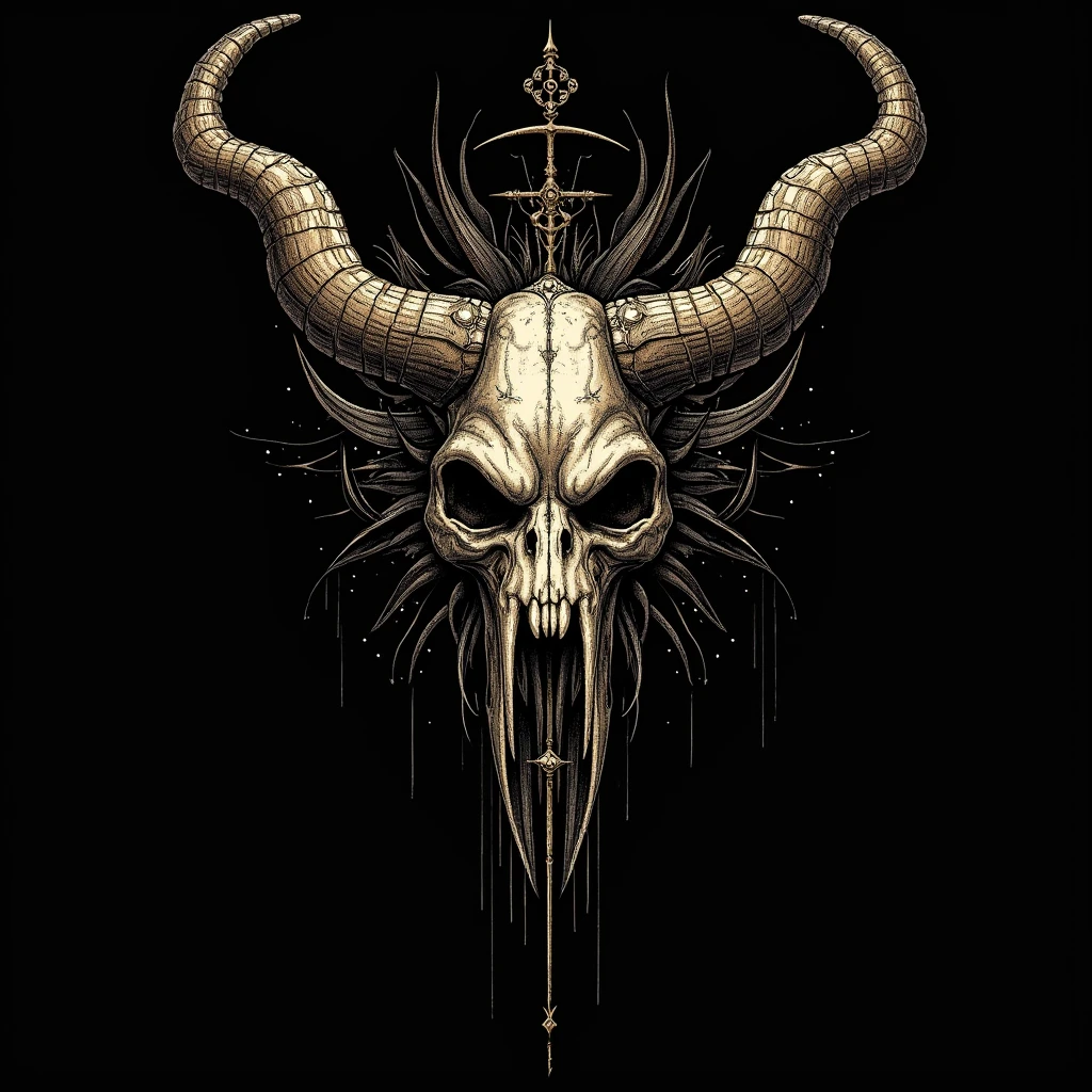 death metal album cover by Dan Seagrave and Dan Mumford, skull with long horns and dark elements, very defined, horrorcore, obscure art, black background, intricate details