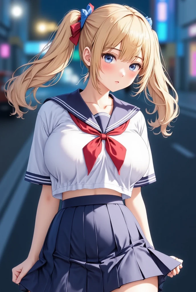 (masterpiece), best quality, expressive eyes, perfect face,girl, 1 girl, 18yo, Blonde, twintails, (((big titts))), dark blue eyes, (serious high school girl), school uniform,  sailor suit, middy uniform, (white shirt), red ribbon, (((((walking street))))), wet hair, standing, (brown school shoes), (full body), ((tsurime)), long shot, smile, ((( evening cityscape))), Vivid street lights and neon signs, (((from side)))