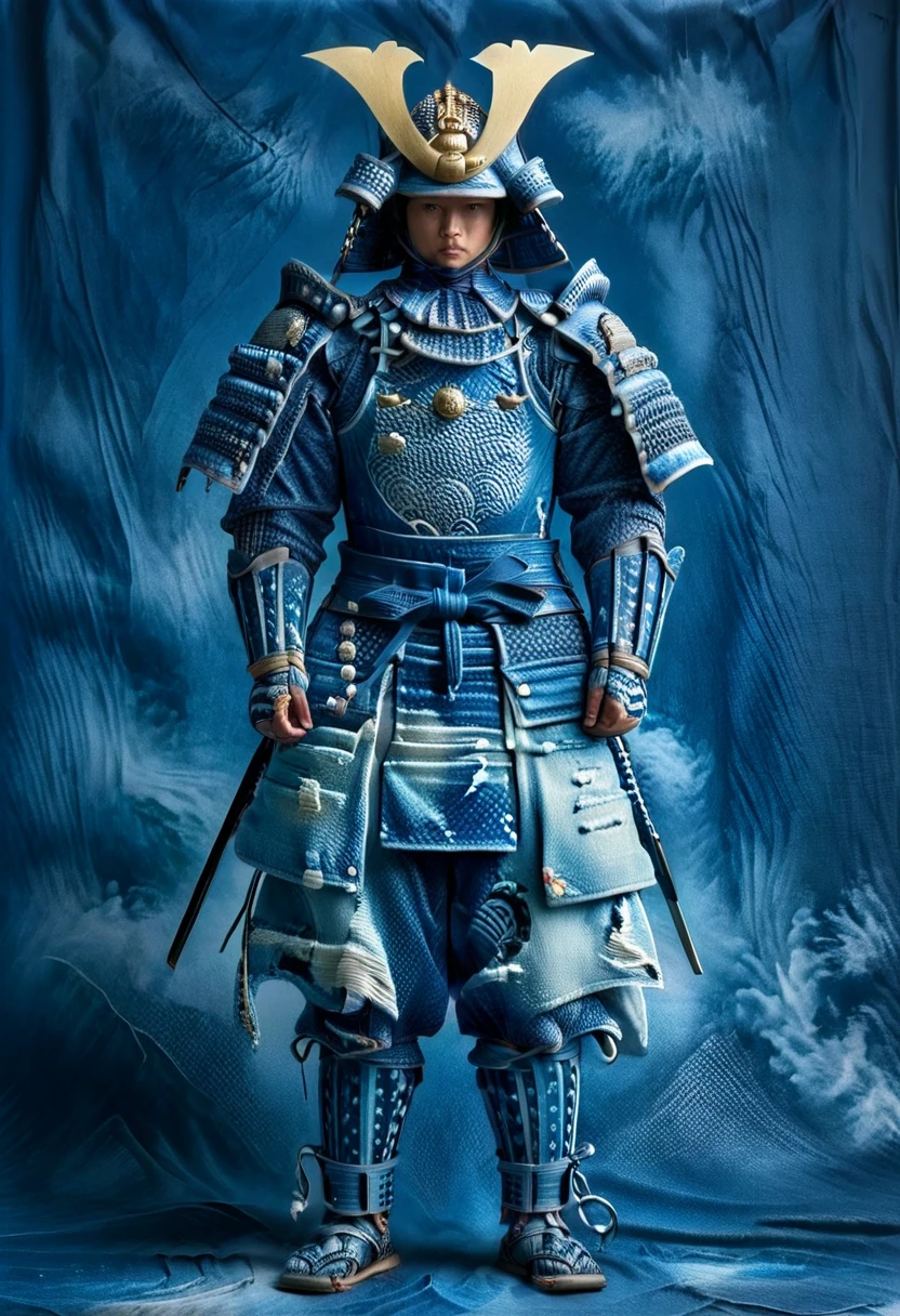 all color blue and made of jeans,one white man, whole body head to feet, looking at viewer, stands upright, hands down, wearing Japanese traditional Samurai Armor and helmet,Armor is made of denim,jeans all over the body.Armor color all denim blue,no metal,shiny armor, blue background,8K,realism