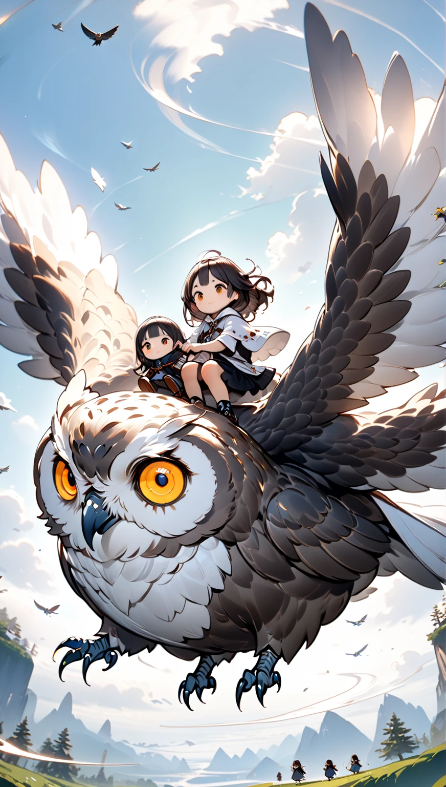 masterpiece， girl riding a giant flying owl , Hzk,   Ultra Miniature Girl  , 