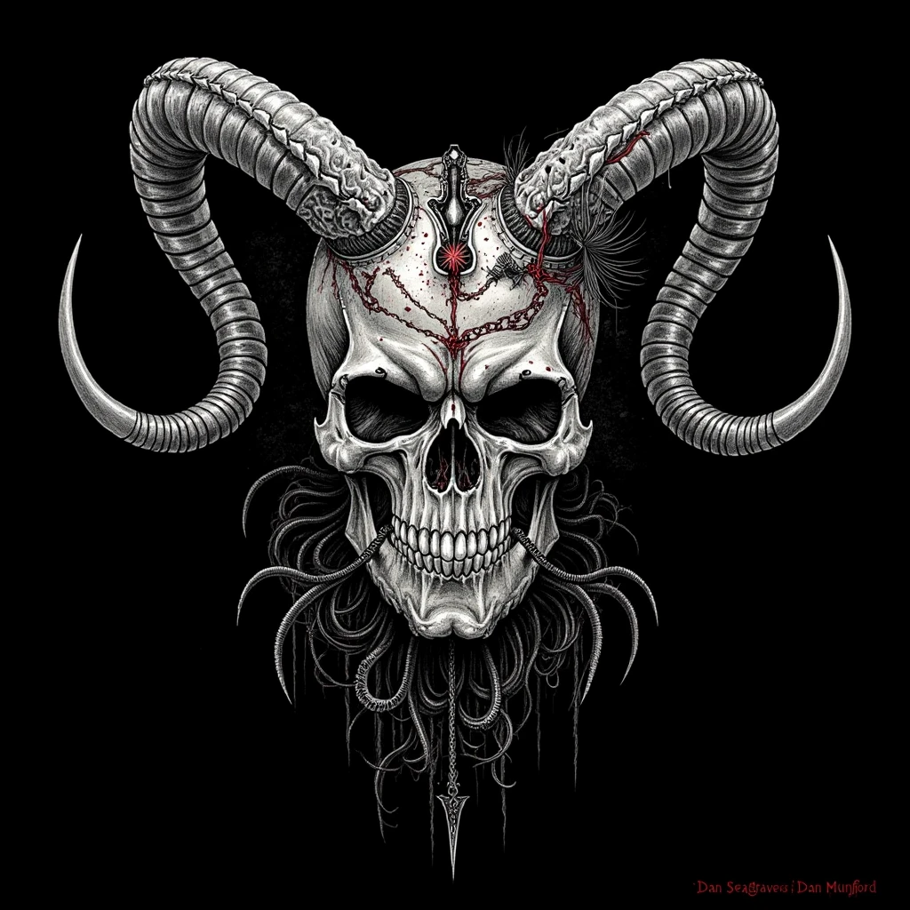 death metal album cover by Dan Seagrave and Dan Mumford, skull with long horns and dark elements, very defined, horrorcore, obscure art, black background, intricate details