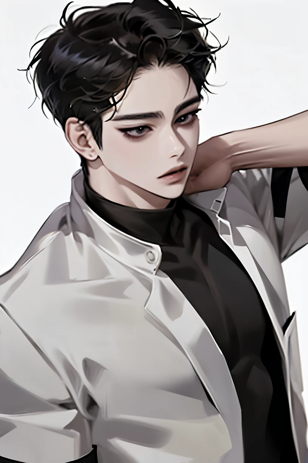 boy,  wolf cut hairstyle,  black hair,  sharp features wearing student clothes,  white skin ,  side view, ((흰색 T Shirt)), black background , black eyes without focus