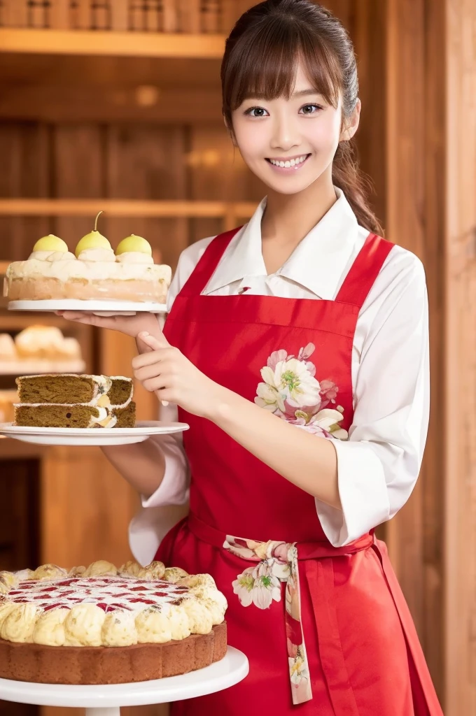 (( Masterpiece、 top quality、 extremely complex and detailed depiction))、 Japanese beauty、Pastry chef、Pastry chefの制服、Pastry chefの服、 apron、perfect hand、Cake shop、 the biggest smile staring at the camera、 slim、 emphasizes body lines、Making a fruit cake 、 perfect finger、 Perfect Anatomy