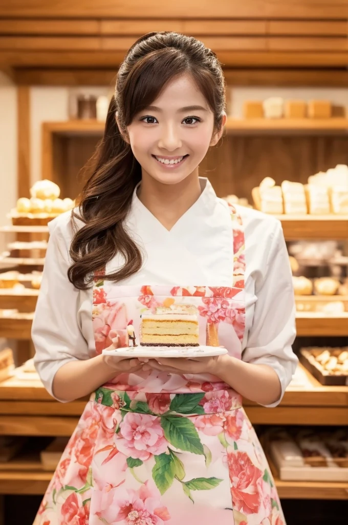 (( Masterpiece、 top quality、 extremely complex and detailed depiction))、 Japanese beauty、Pastry chef、Pastry chefの制服、Pastry chefの服、 apron、perfect hand、Cake shop、 the biggest smile staring at the camera、 slim、 emphasizes body lines、Making a fruit cake 、 perfect finger、 Perfect Anatomy