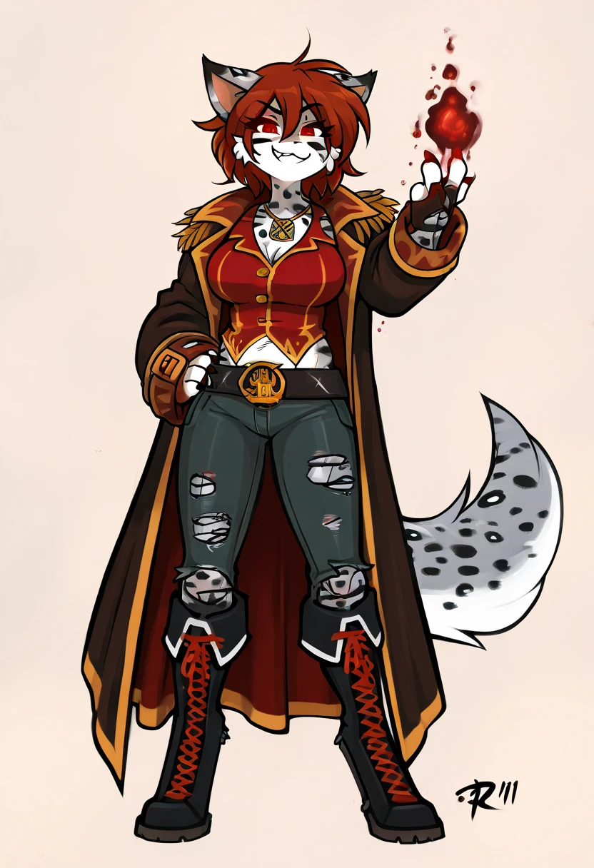 Anthro fur cat, chubby,(( Mexican pirate captain , anarchist)), absurdity,  high resolution,  ultra-detailed , 1 girl,oversized jacket with ,whole body,  original character,girl, mask from mortal kombat , { better quality }}, {{ masterpiece fails}}, {{ ultra-detailed }}, {illustration}, {Detailed light},kemono style, , silver fur, gray stripes on the body,  glowing red eyes , long blond-red hair , Hair Cut, :3,  she's dressed as Scarlet from Mortal Kombat, Scarlet cosplay  , right , black blazer, браслет с right й шнуровкой,  x} black triangle with gold lining and red feather ,  round gold pendant ,  torn red shirt with black buttons ,  ripped black tight pants with a large black belt and gold buckle, black boots with red laces ,  torn black leather glove on left arm , revealing fingers , Evil pose, grinning,  using blood magic , от fluff-kevlar, por zackary911, por Kenket, por Kilinah, от fluff-kevlar,